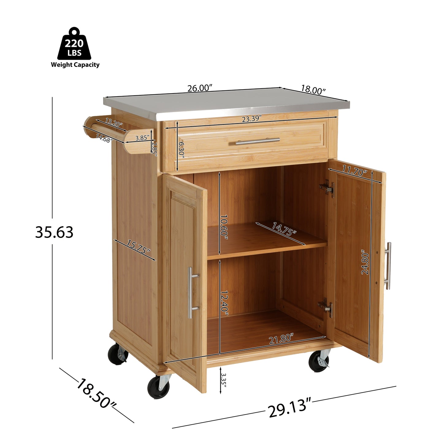 Compact Bamboo Kitchen Cart and Stainless Steel