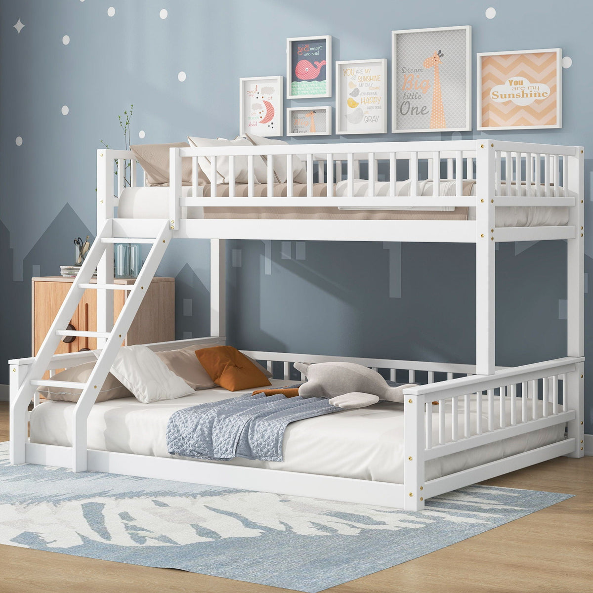 White bunk bed with ladder and guardrails, dual bunks with beige bedding on Tampa Home & Garden Store