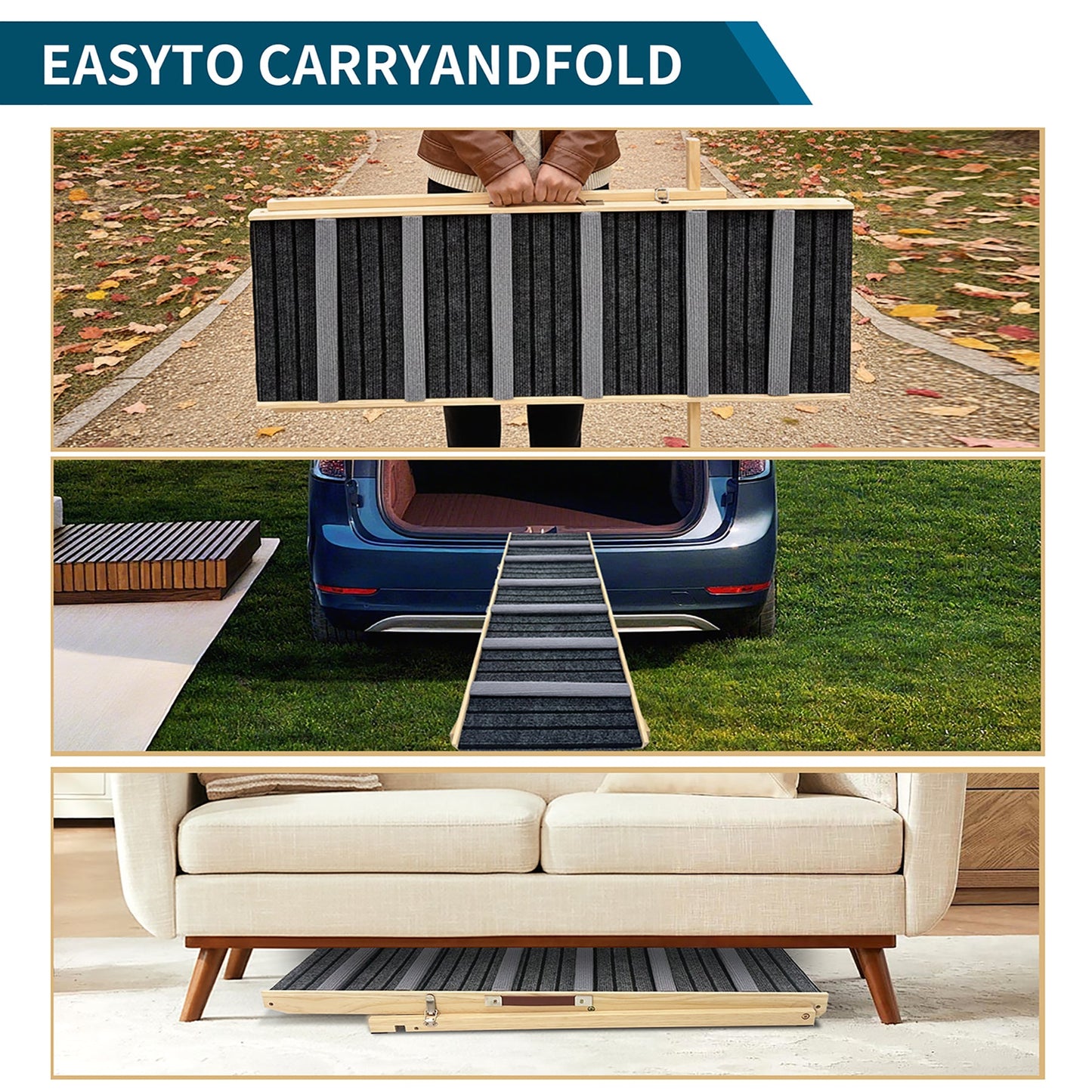 Dog ramp HouseOfZazla with wooden frame, dark gray non-slip pads, adjustable height on Tampa Home & Garden Store