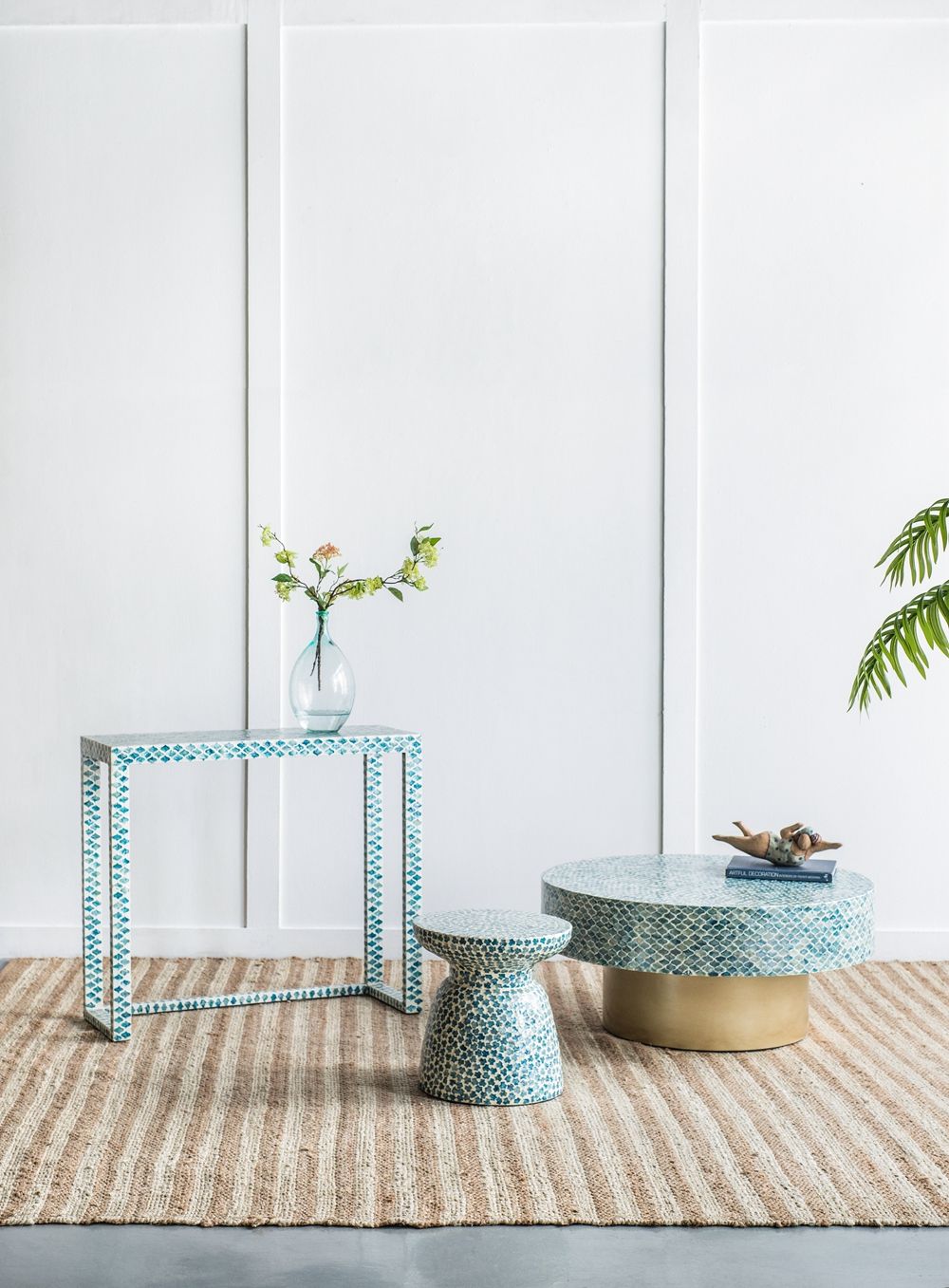 Capiz Coffee Table with Pedestal Base in blue mosaic by HouseOfZazla; three-piece mosaic set on Tampa Home & Garden Store