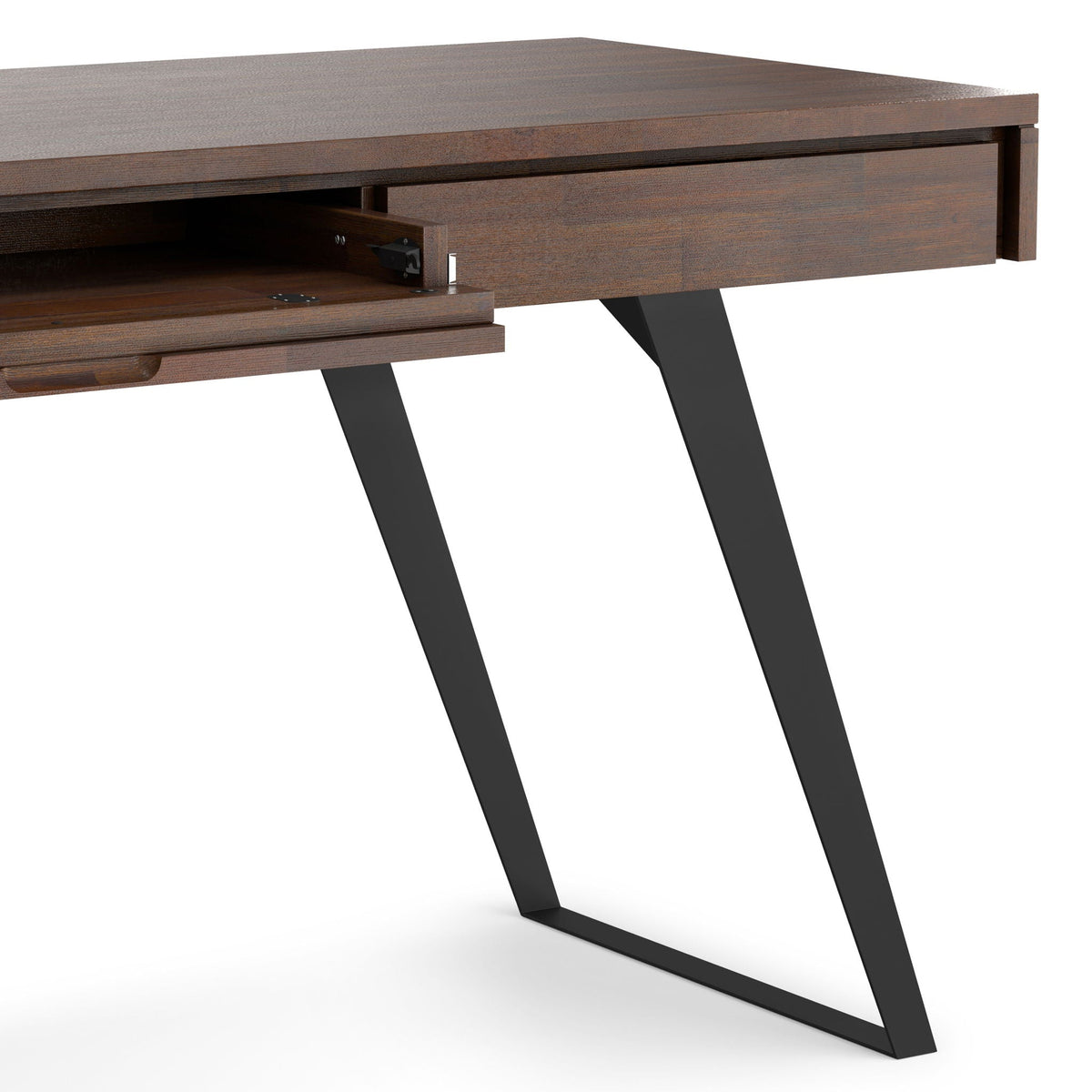 Handcrafted acacia desk and drawer storage with open drawer, warm wood grain, black metal legs on Tampa Home & Garden Store