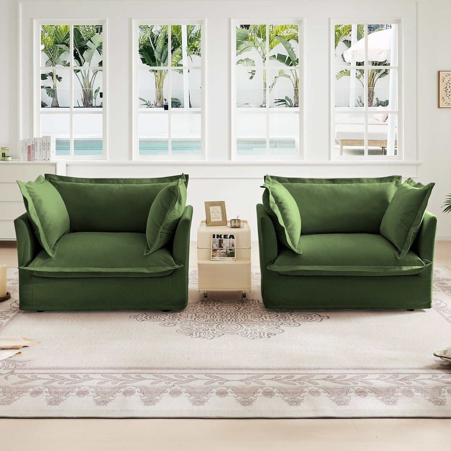Set of 2 green slipcovered armchairs by HouseOfZazla with plush cushions on Tampa Home & Garden Store