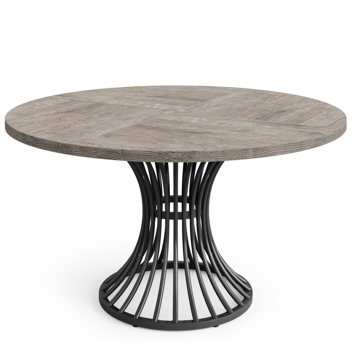Round dining table for 4–6 with gray woodgrain tabletop and sculpted black metal base on Tampa Home & Garden Store