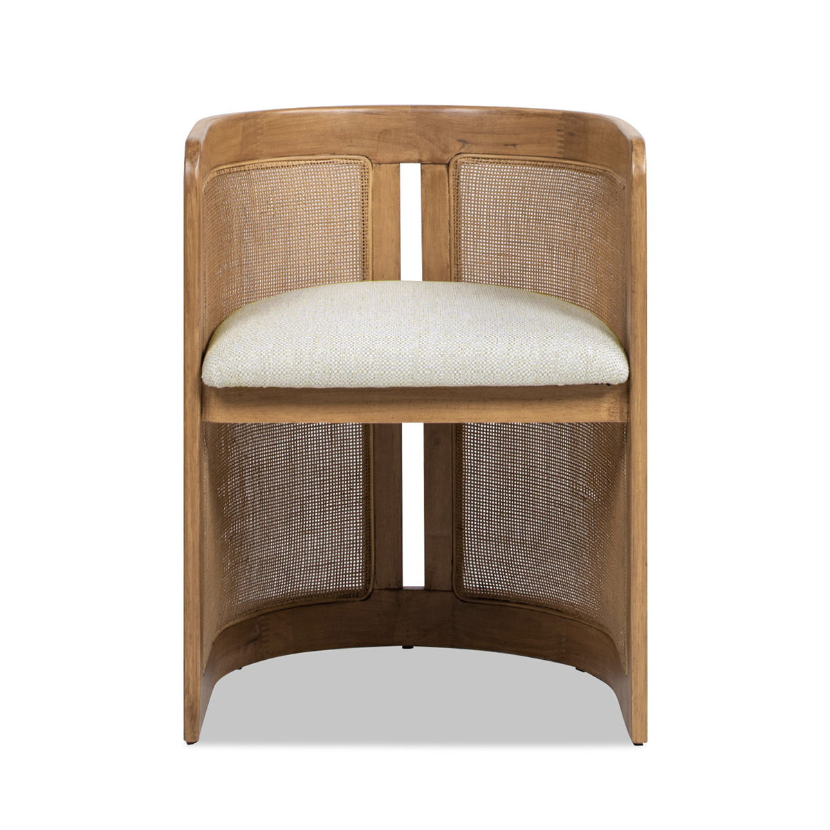Curved dining arm chair with wood frame and caned sides beige seat stain-resistant fabric on Tampa Home & Garden Store