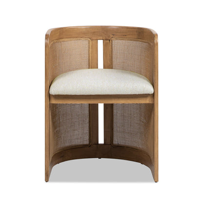 Curved dining arm chair with wood frame and caned sides beige seat stain-resistant fabric on Tampa Home & Garden Store