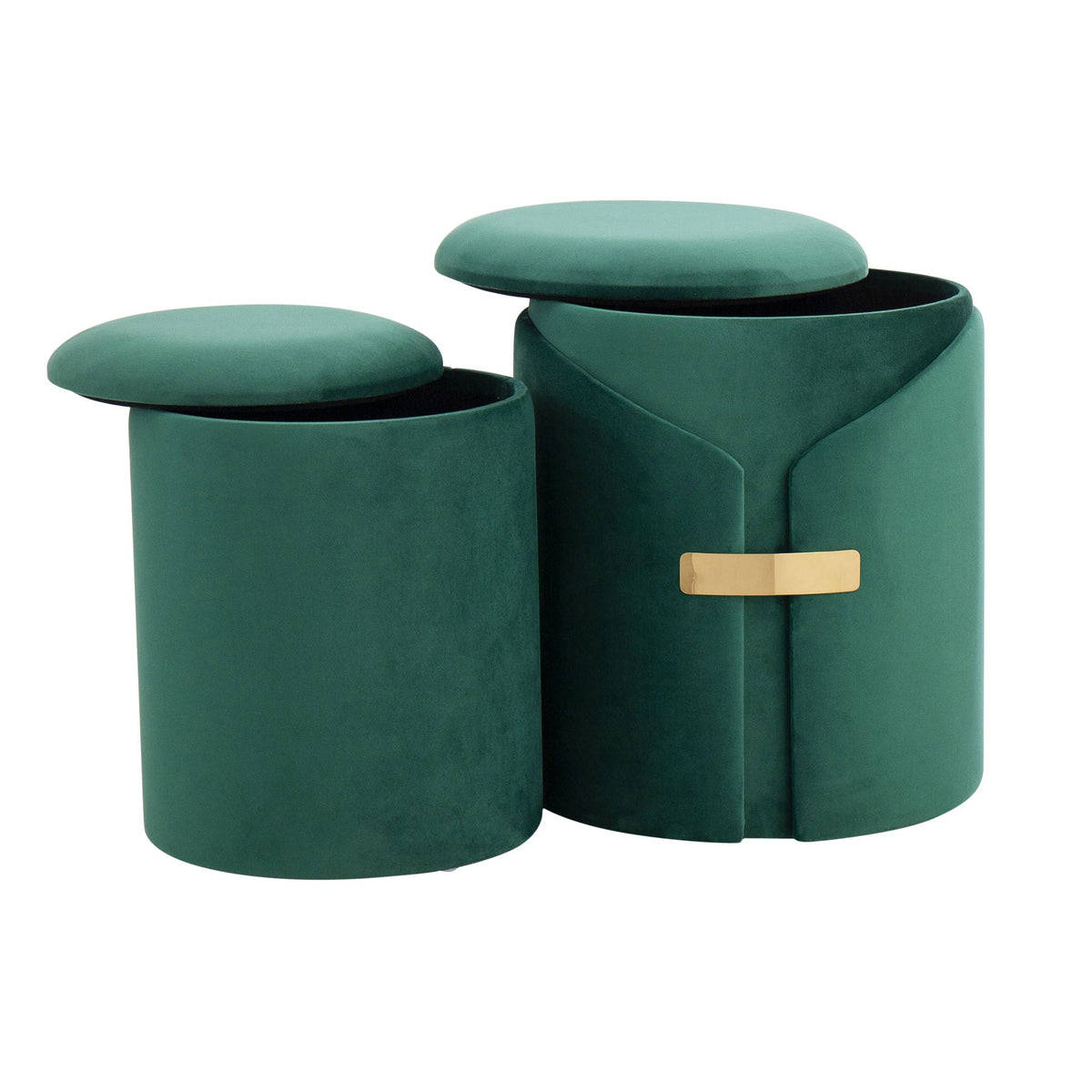 2-piece green velvet nesting ottoman set with round tops and gold metal accent on Tampa Home & Garden Store