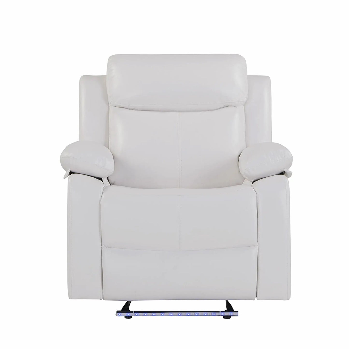Blanche glider recliner in white faux-leather with pillow-top arms and LED lighting on Tampa Home & Garden Store