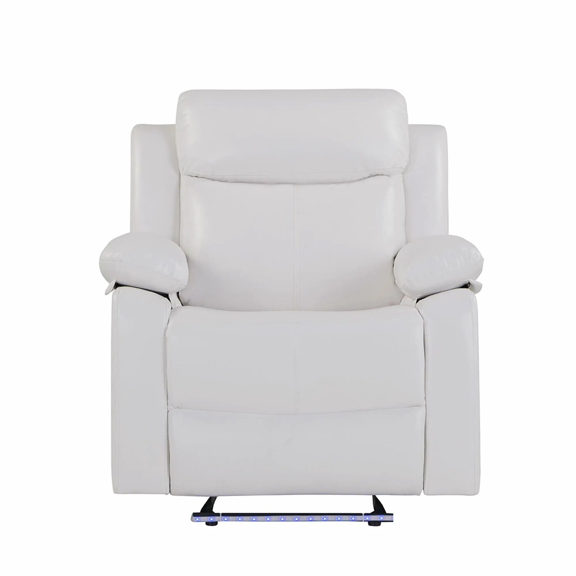 Blanche glider recliner in white faux-leather with pillow-top arms and LED lighting on Tampa Home & Garden Store