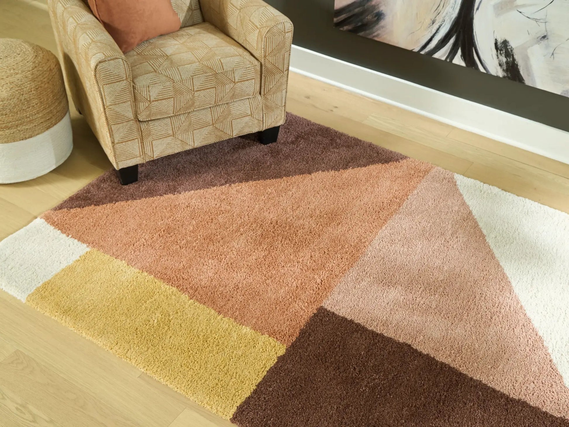 Gailmore rug by Unique Piece Furniture; multicolor color-block shag in yellow, peach and brown on Tampa Home & Garden Store