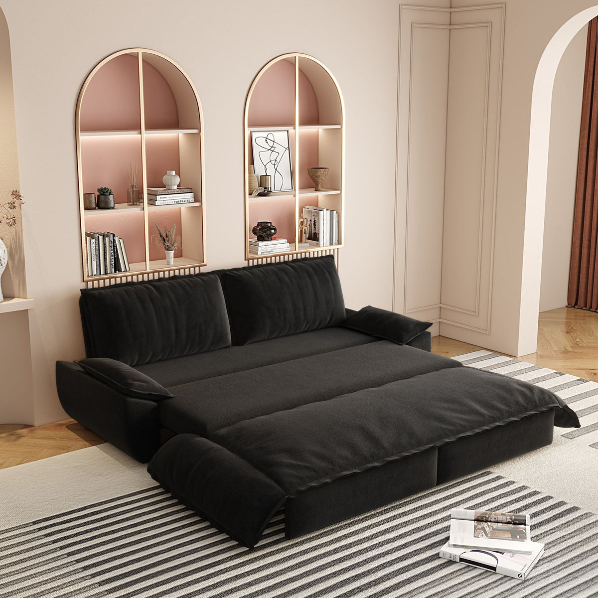 Queen Pull Out Sofa Bed by HouseOfZazla, black fabric sleeper sofa with 3-in-1 convertible design on Tampa Home & Garden Store