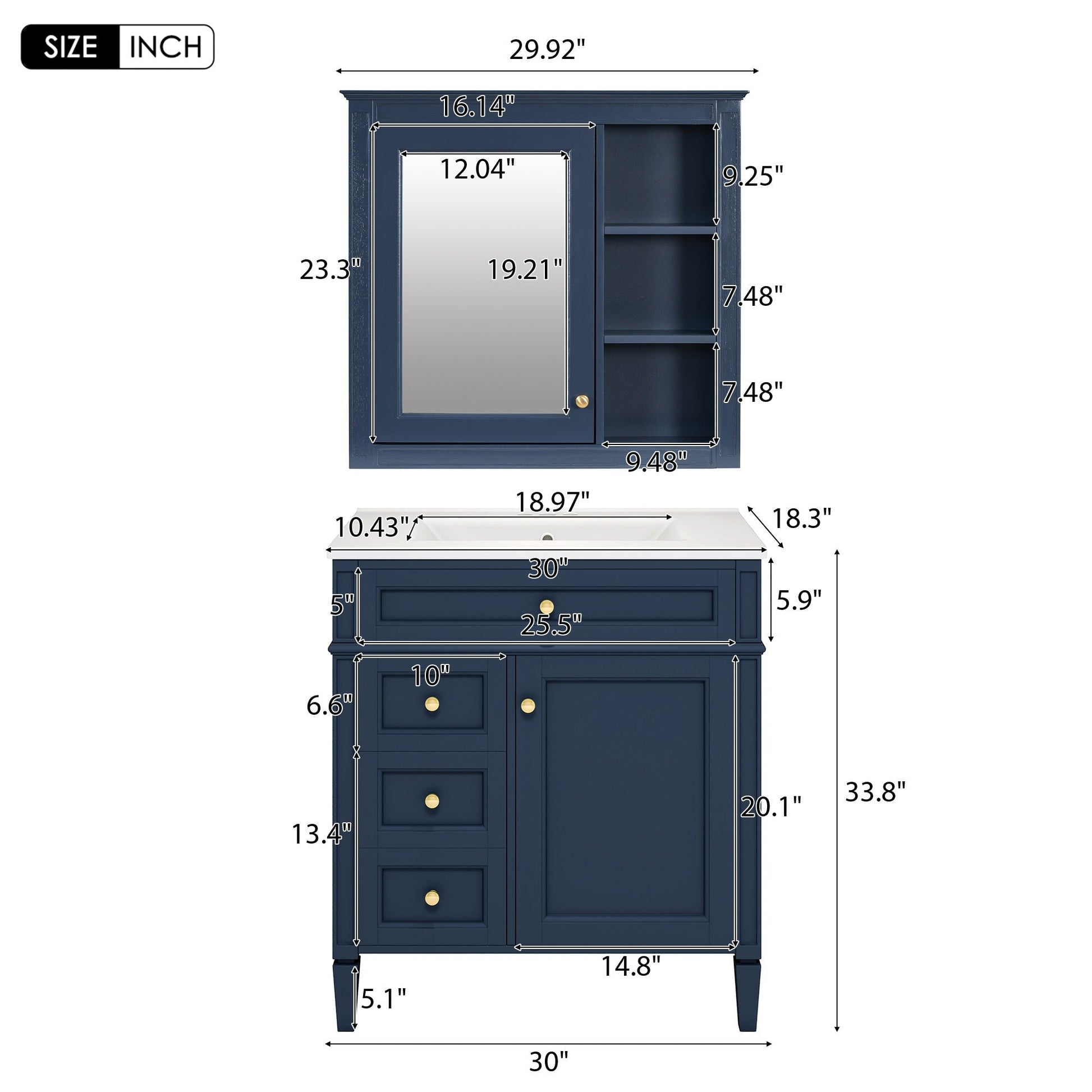 Bathroom vanity with medicine cabinet navy HouseOfZazla with 2 soft-closing doors and 4 drawers on Tampa Home & Garden Store