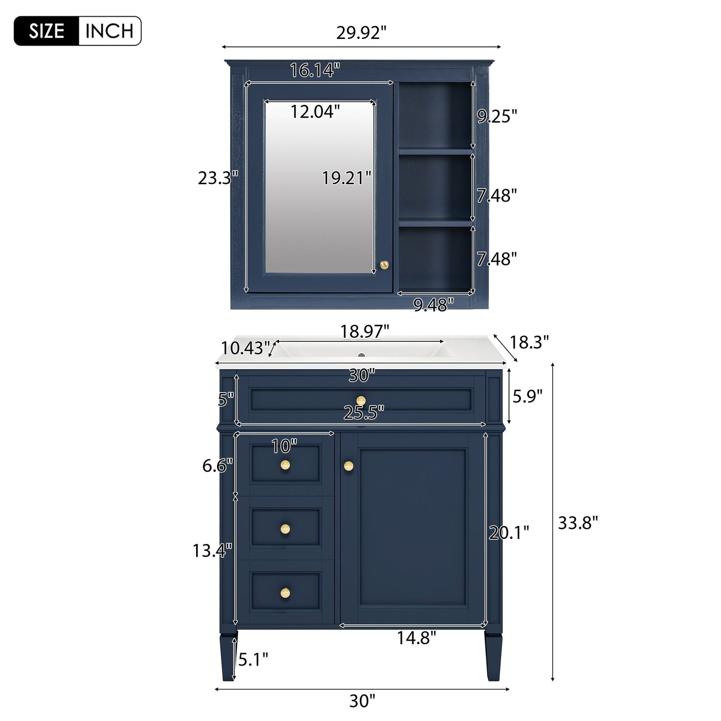 Bathroom vanity by HouseOfZazla in navy with medicine cabinet, mirrored door and open shelving on Tampa Home & Garden Store