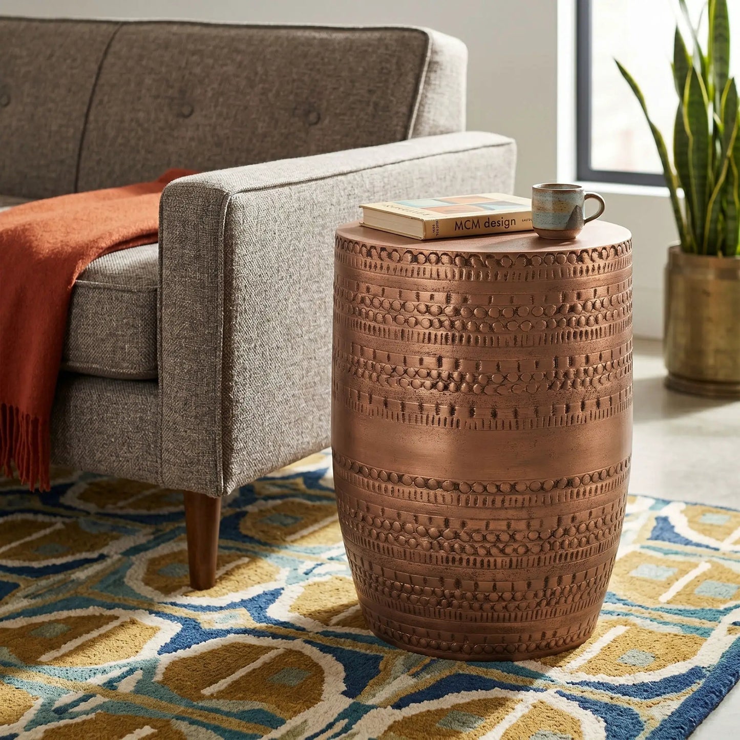 Johnsen Handcrafted Large Metal Accent Table; copper hammered round drum on Tampa Home & Garden Store