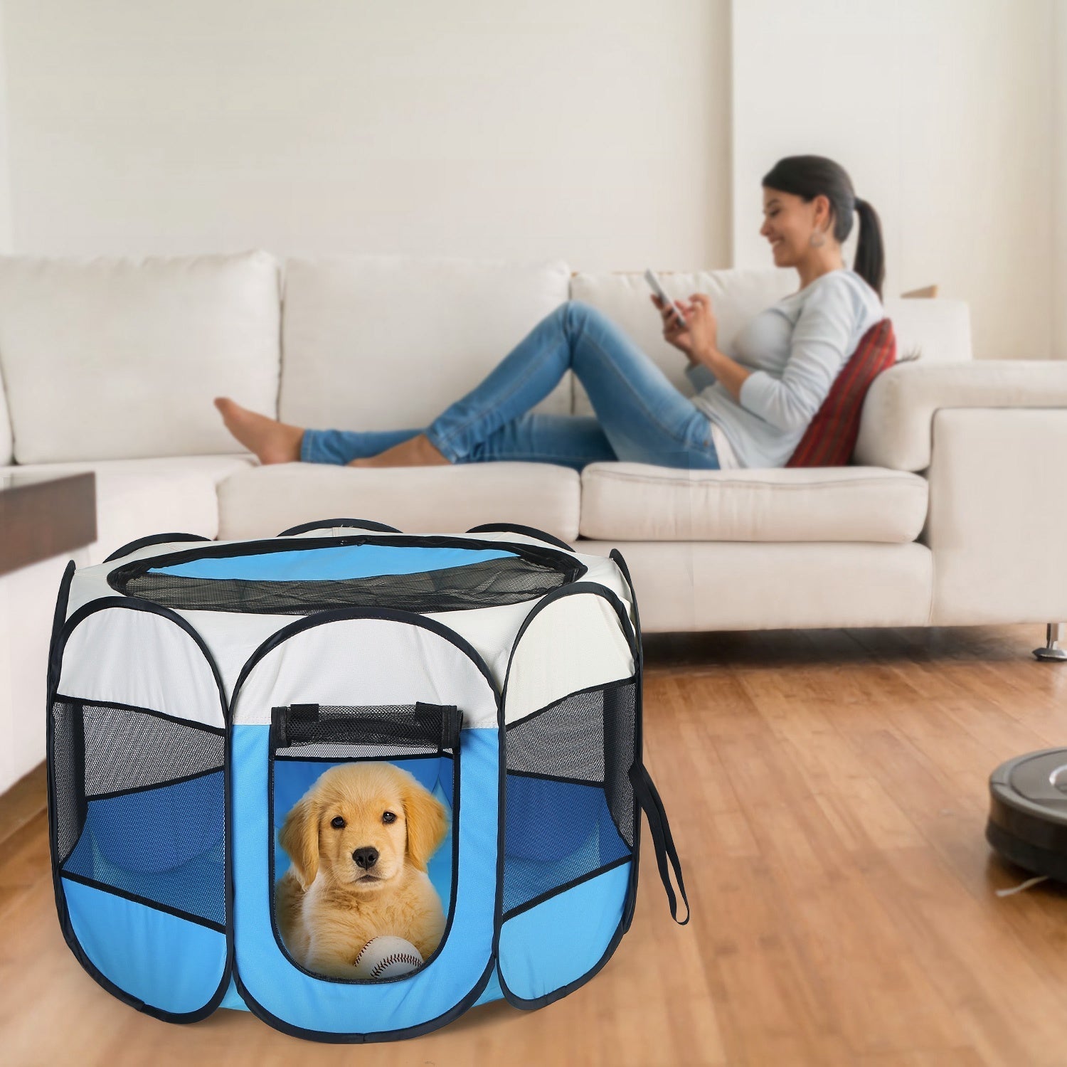 GemGear blue foldable pet tent exercise pen with zipper top and bottom indoor outdoor use on Tampa Home & Garden Store