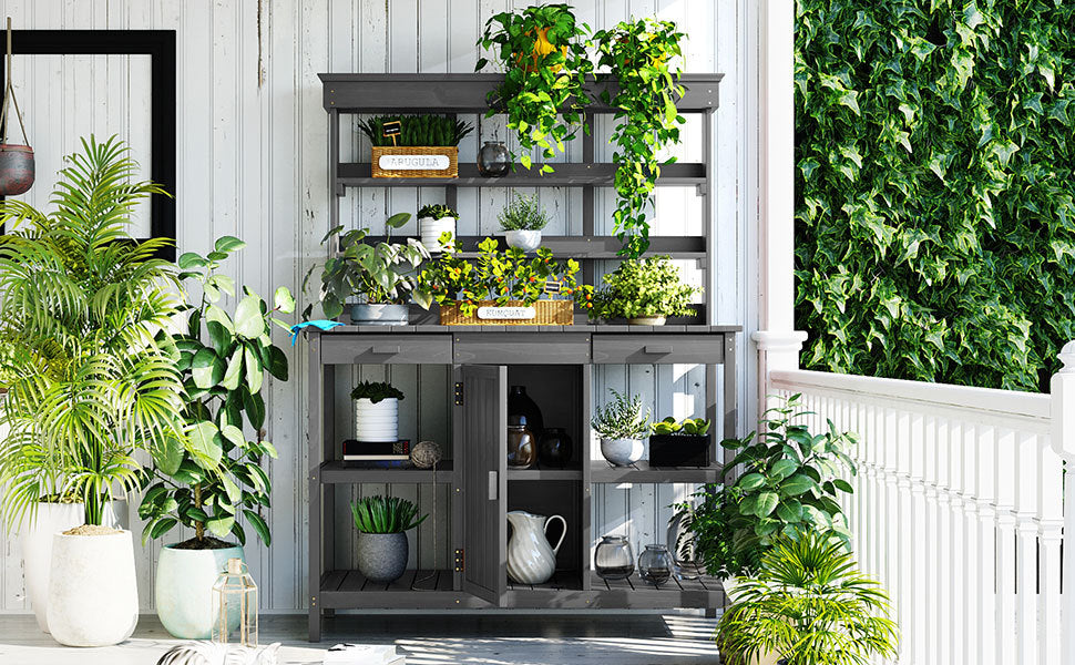 Topmax 66'' outdoor farmhouse potting bench table with gray finish by HouseOfZazla on Tampa Home & Garden Store