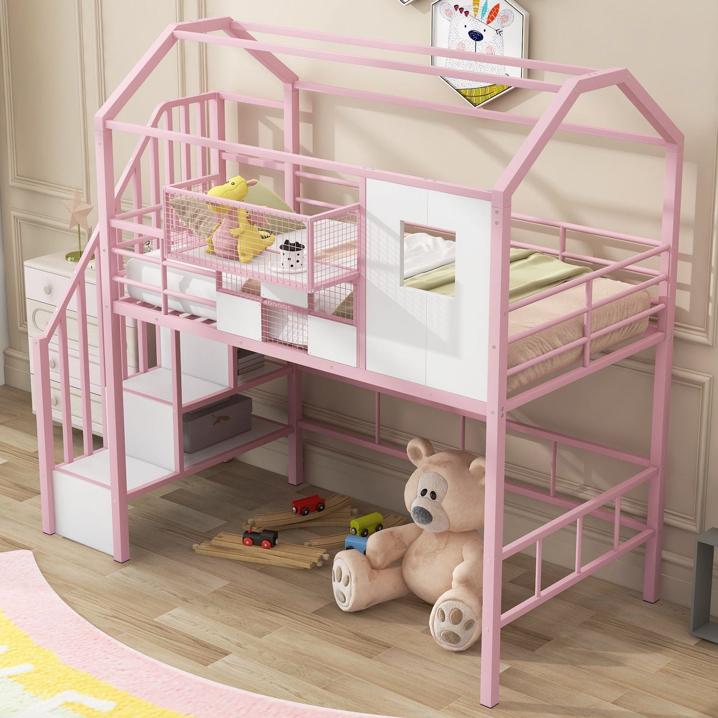 Pink metal loft bed with guardrails, integrated ladder and roof frame with built-in storage on Tampa Home & Garden Store