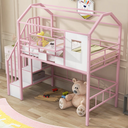 Pink metal loft bed with guardrails, integrated ladder and roof frame with built-in storage on Tampa Home & Garden Store