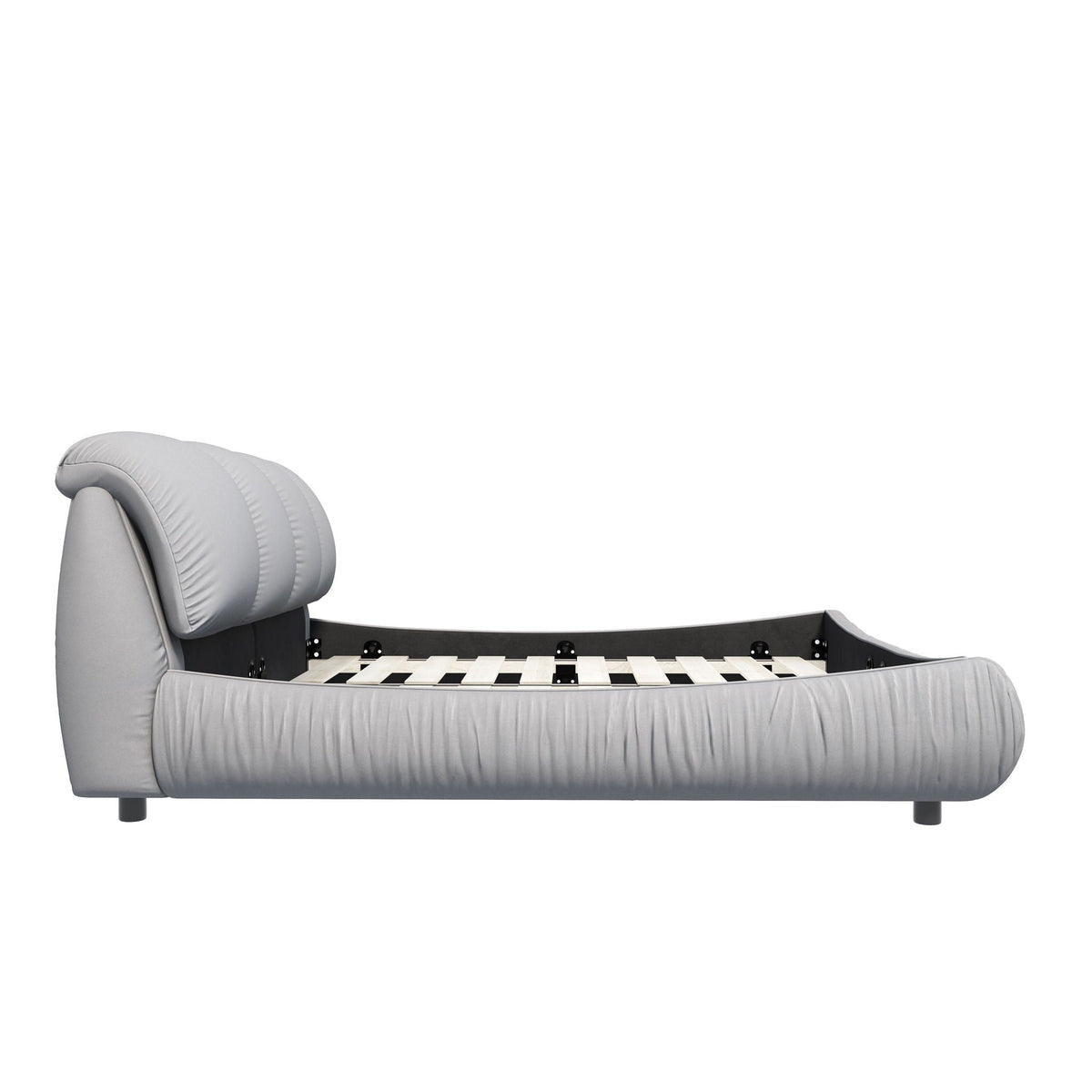 Upholstered platform bed with padded backrest in light gray fabric, solid wood frame on Tampa Home & Garden Store
