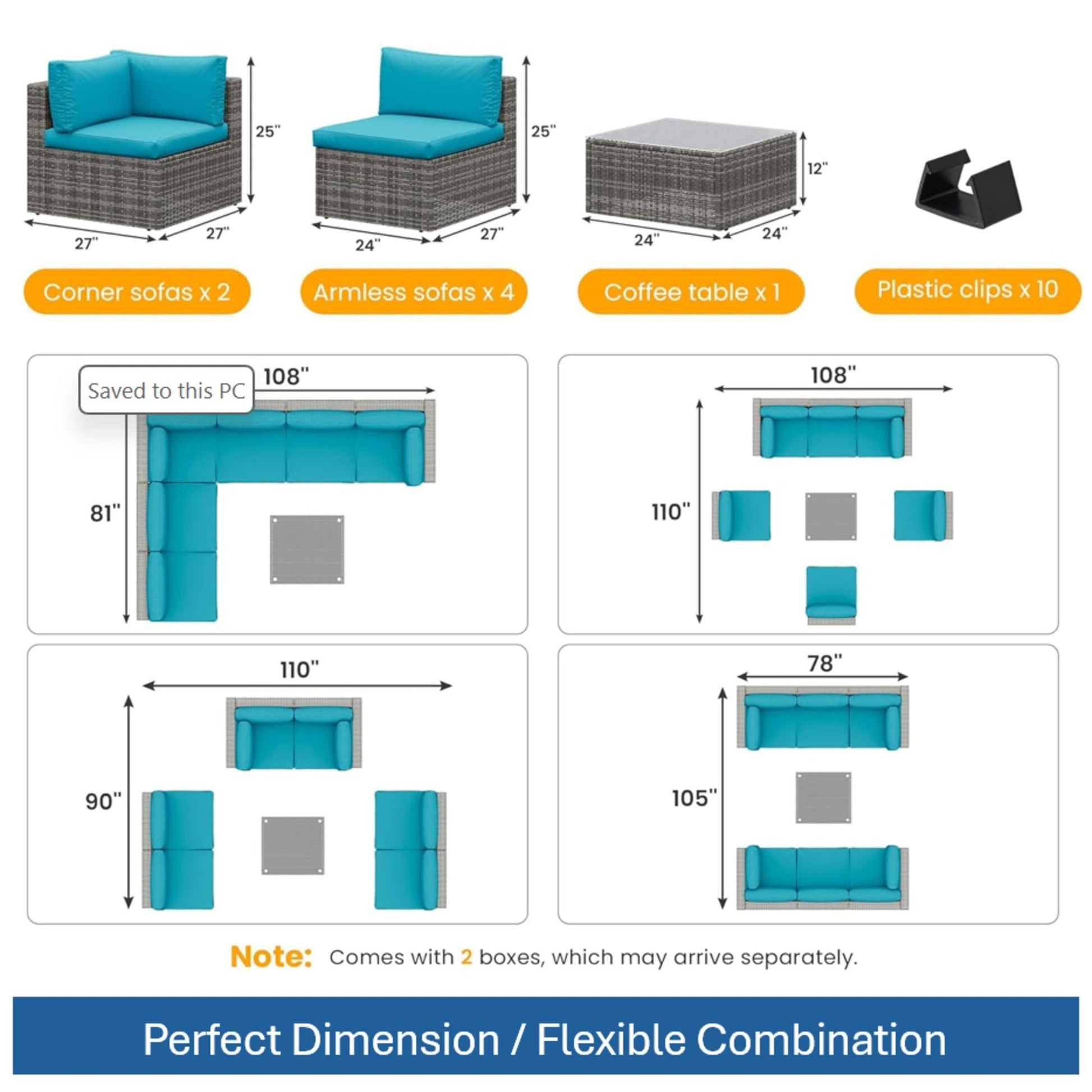Modern Patio Set With Coffee Table 2 corner sofas, 4 armless sofas; HouseOfZazla teal wicker on Tampa Home & Garden Store