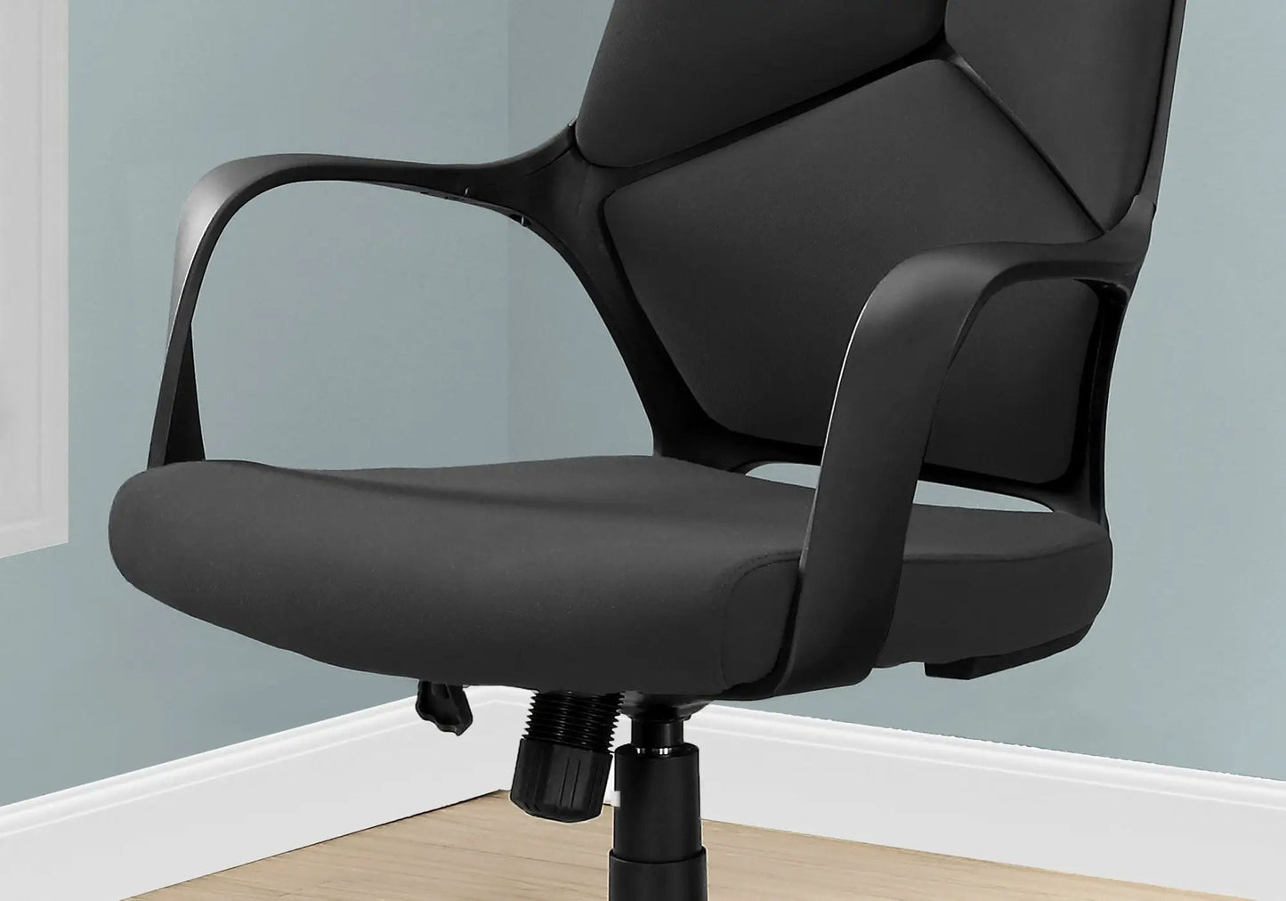 Office swivel chair adjustable height with black fabric upholstery and curved armrests on Tampa Home & Garden Store