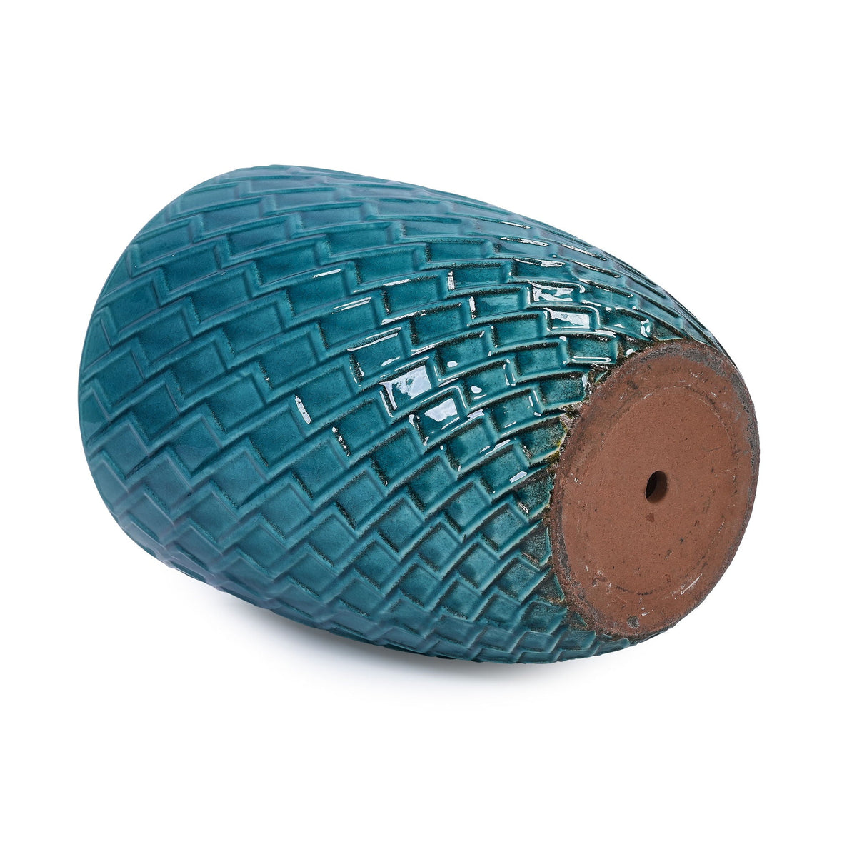 Ceramic flowerpot teal glaze with a textured pattern and drainage holes on brown base on Tampa Home & Garden Store