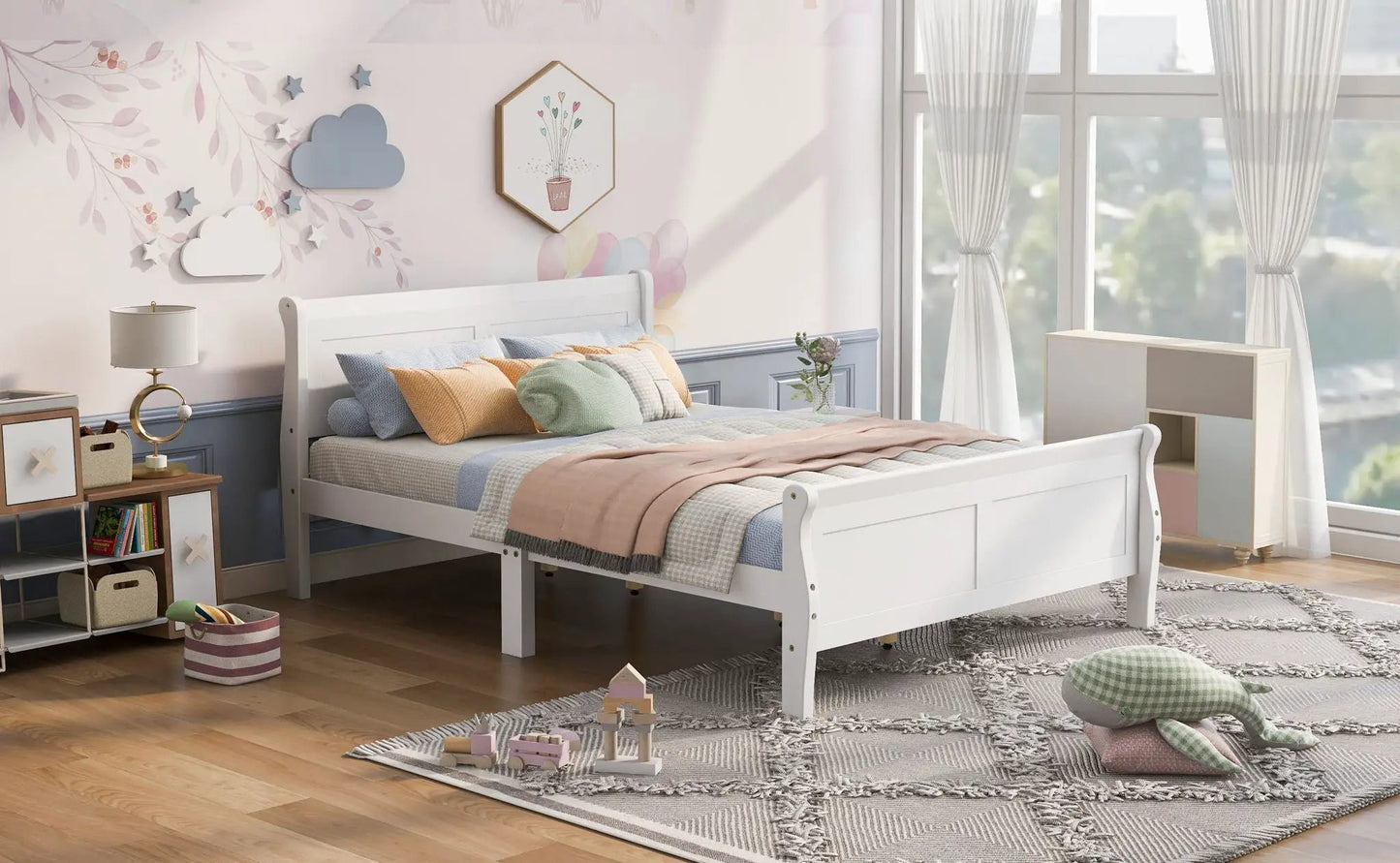 Platform sleigh bed white with headboard/footboard, wood slat support by Unique Piece Furniture on Tampa Home & Garden Store