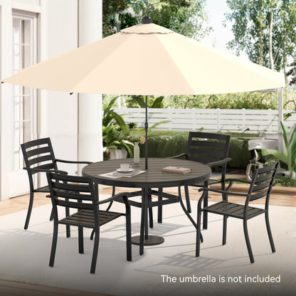 5-piece outdoor dining set with round metal table and 4 stackable black chairs under a beige umbrella on Tampa Home & Garden Store
