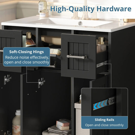 Bathroom vanity with undermount ceramic sink, black cabinet, soft-close doors and drawers on Tampa Home & Garden Store