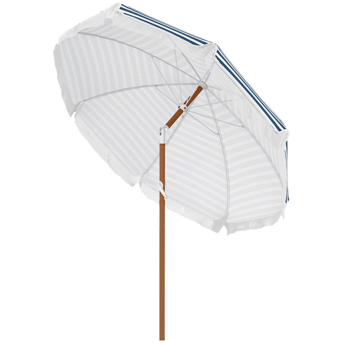 Outsunny 7x7 ft umbrella with tilt and vent, white-blue striped canopy, wooden pole on Tampa Home & Garden Store