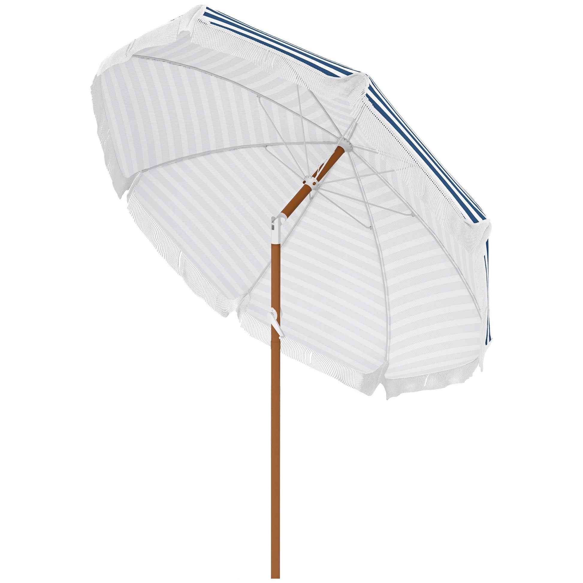 Outsunny 7x7 ft umbrella with tilt and vent, white-blue striped canopy, wooden pole on Tampa Home & Garden Store
