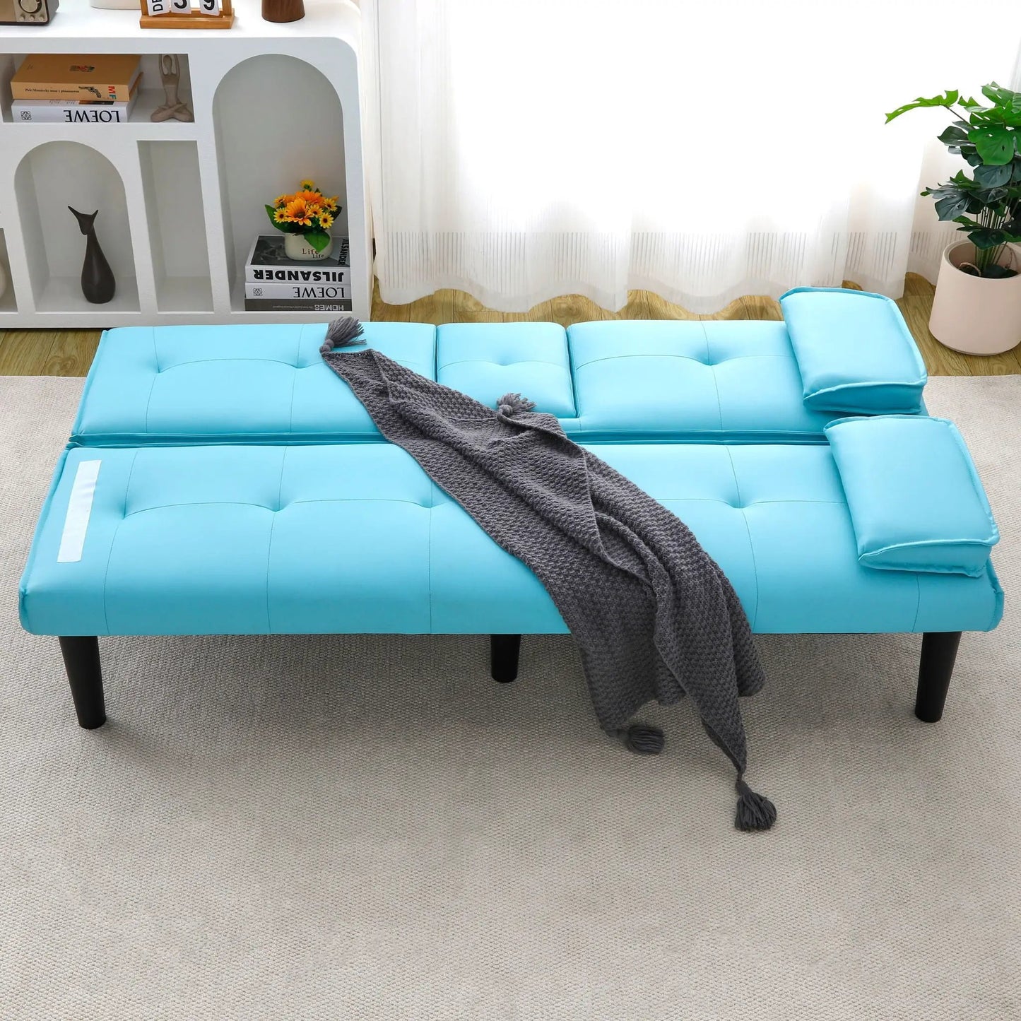 Futon sofa bed with foldable design and cup holder turquoise fabric by Unique Piece Furniture on Tampa Home & Garden Store