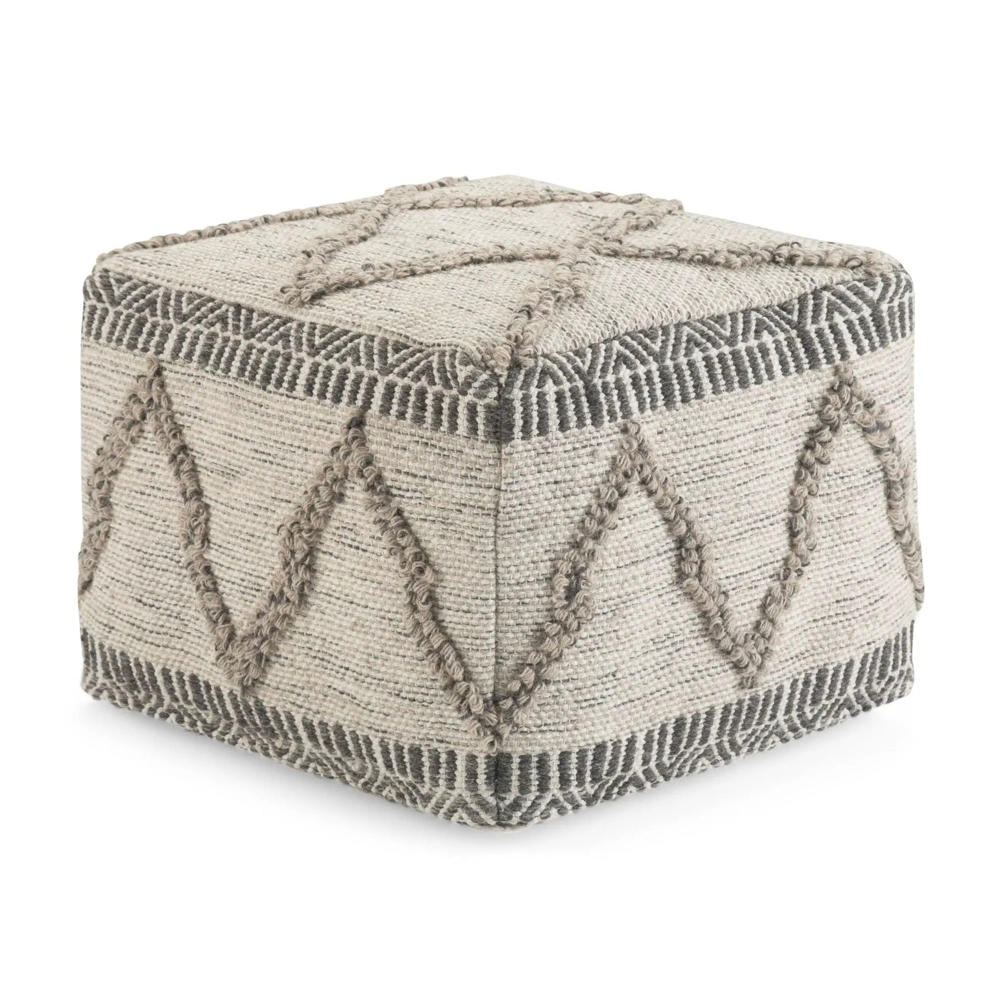 Upholstered Square Pouf Sweeney beige woven fabric rope-trim edges Unique Piece Furniture on Tampa Home & Garden Store