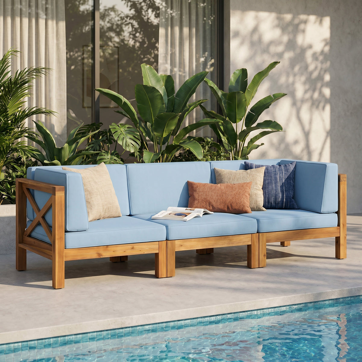 Brava X-Back 3 Seater Outdoor Sofa Set with blue cushions on wooden frame HouseOfZazla on Tampa Home & Garden Store