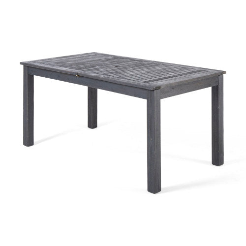 Outdoor acacia wood dining table, sandblasted dark gray finish, slatted top on Tampa Home & Garden Store