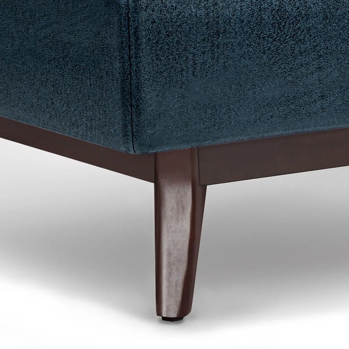 Owen Upholstered Rectangular Storage Ottoman in blue velvet with dark brown tapered legs on Tampa Home & Garden Store
