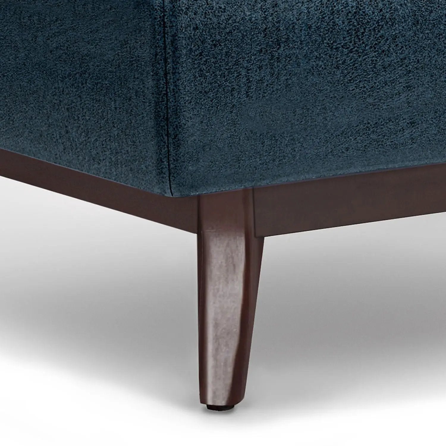 Owen Upholstered Rectangular Storage Ottoman in blue velvet with dark brown tapered legs on Tampa Home & Garden Store