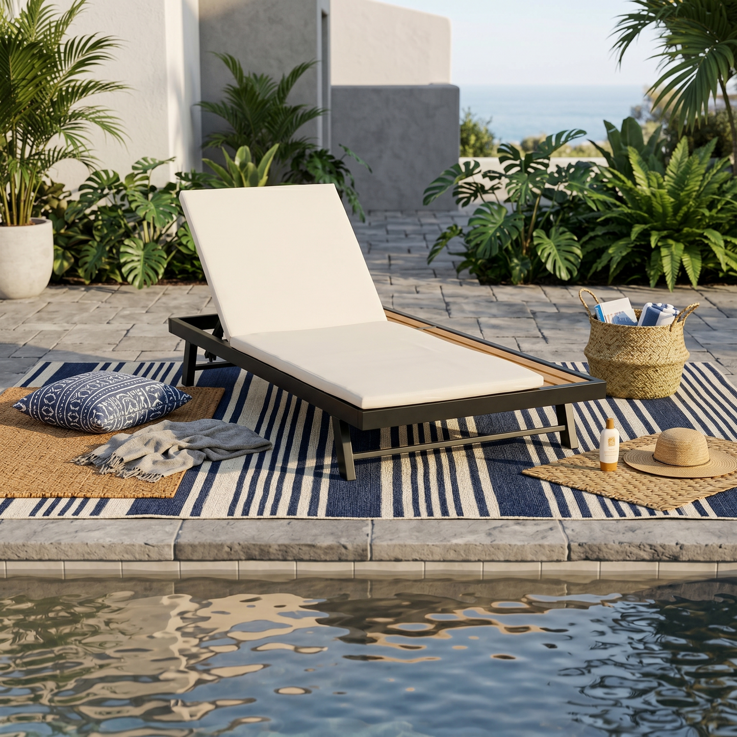 HouseOfZazla outdoor chaise lounge set in black iron with teak finish and white cushions on Tampa Home & Garden Store