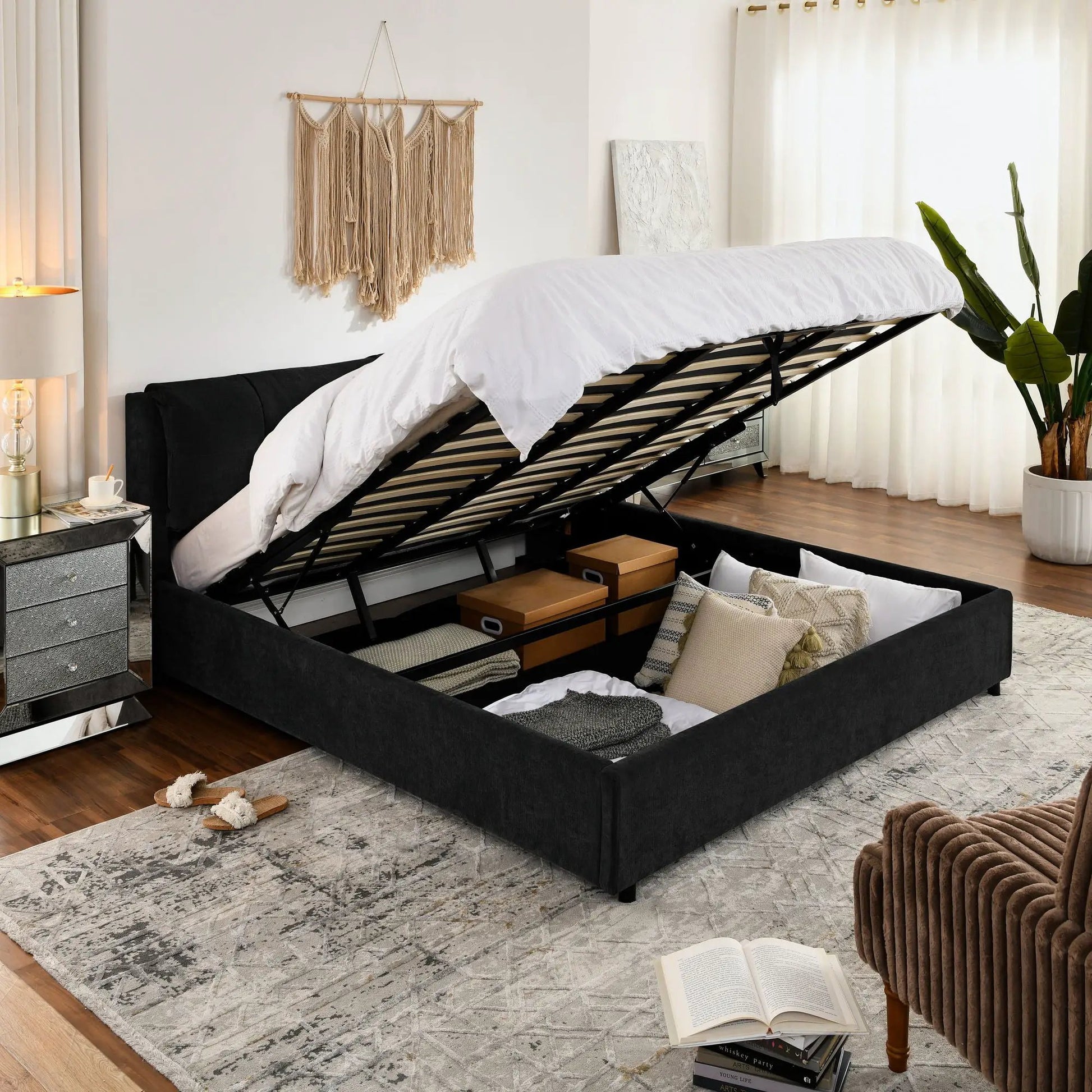 Storage upholstered hydraulic platform bed with integrated headboard in black fabric on Tampa Home & Garden Store