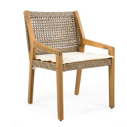 Outdoor dining chair with acacia wood frame and woven wicker back, cream cushion on Tampa Home & Garden Store