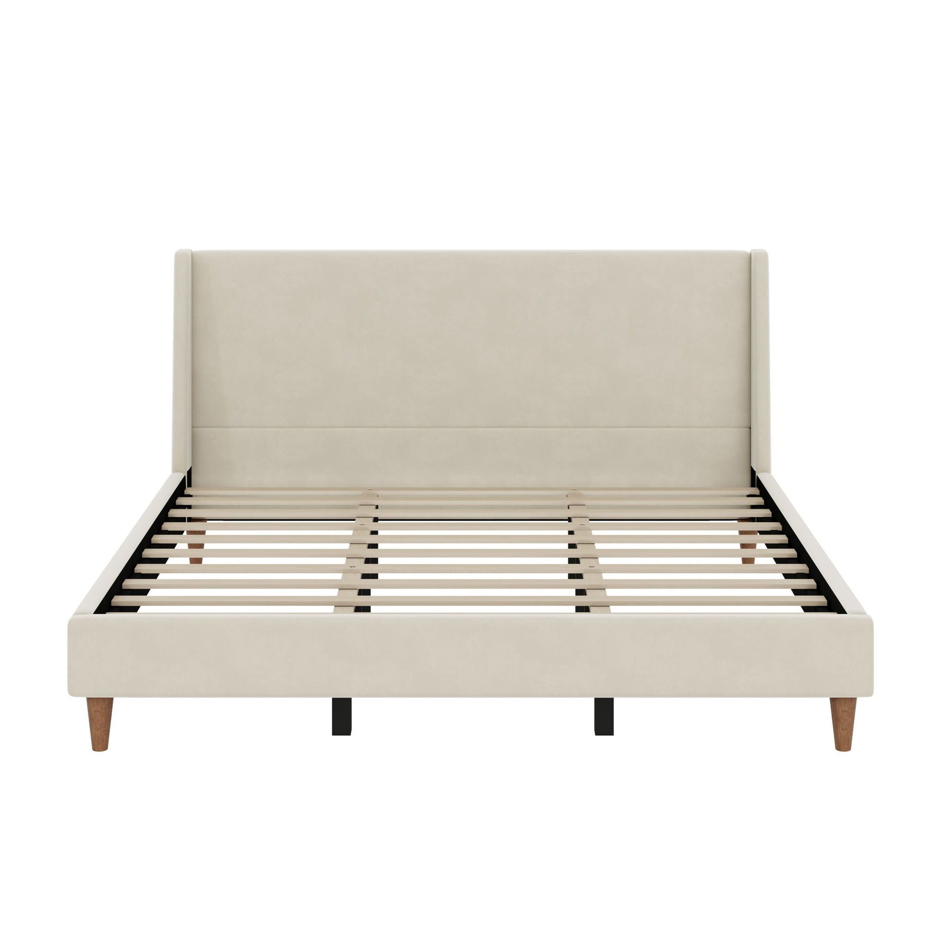 Upholstered platform bed with beige wingback headboard and wooden legs HouseOfZazla on Tampa Home & Garden Store