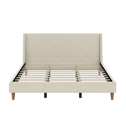 Upholstered platform bed with beige wingback headboard and wooden legs HouseOfZazla on Tampa Home & Garden Store