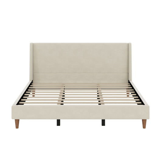 Upholstered platform bed with beige wingback headboard and wooden legs HouseOfZazla on Tampa Home & Garden Store