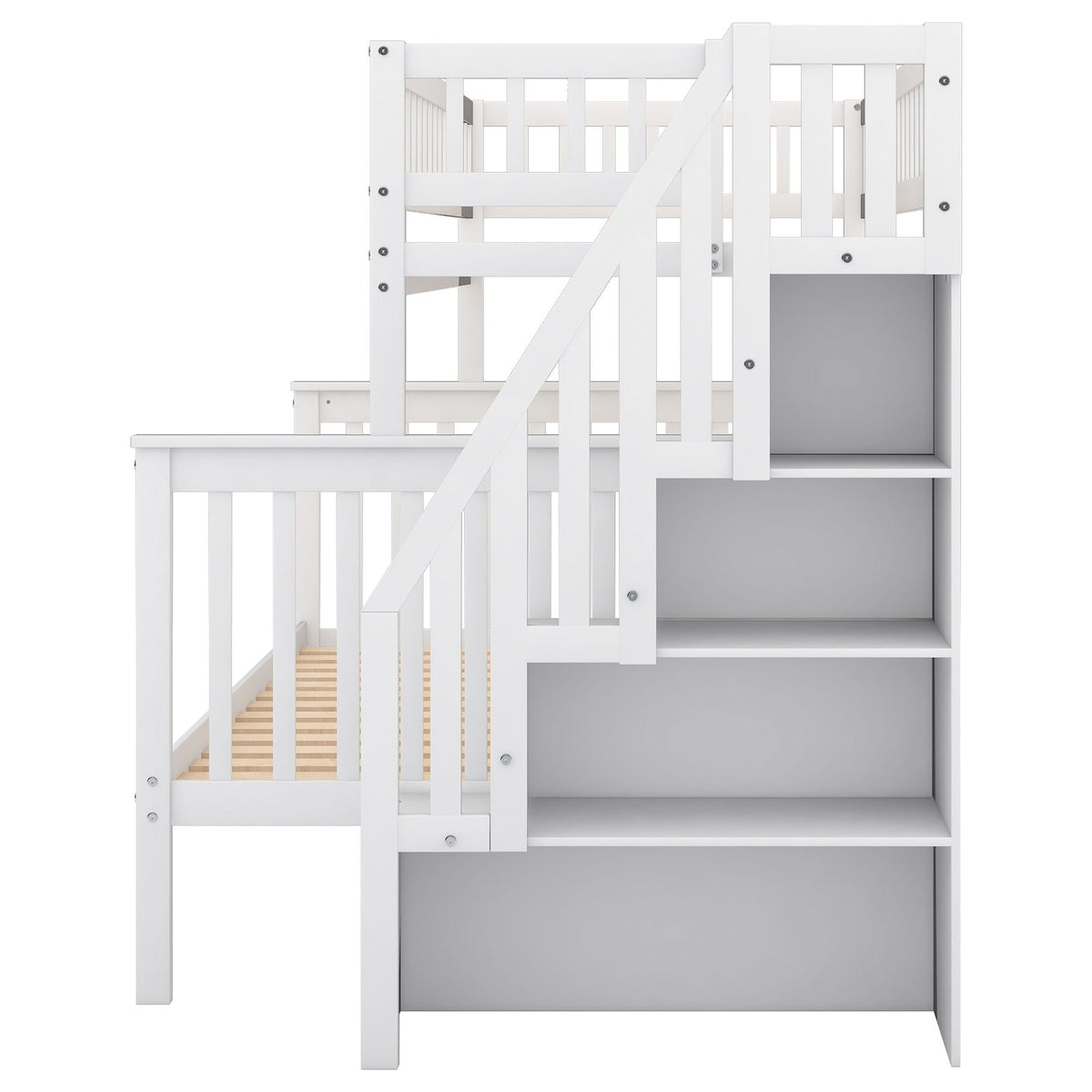 White wooden bunk bed with staircase, top and bottom bunks, slatted guard rails, side ladder on Tampa Home & Garden Store