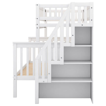 White wooden bunk bed with staircase, top and bottom bunks, slatted guard rails, side ladder on Tampa Home & Garden Store