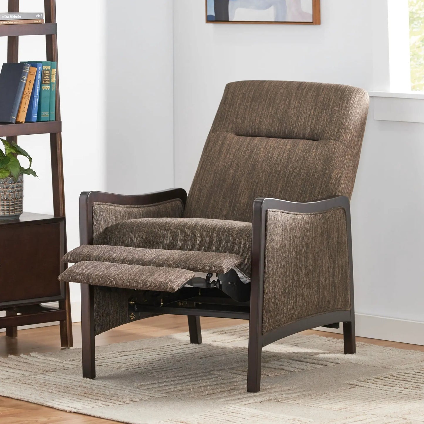 Drury Contemporary fabric upholstered pushback recliner with ottoman in brown fabric and dark wood on Tampa Home & Garden Store