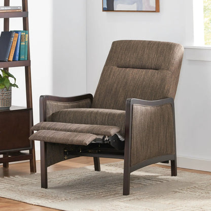 Drury Contemporary fabric upholstered pushback recliner with ottoman in brown fabric and dark wood on Tampa Home & Garden Store