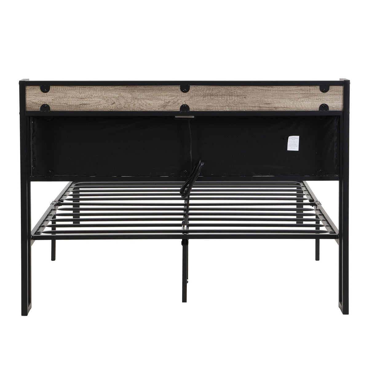 Storage bed frame black metal with wood-grain headboard panel and slatted base on Tampa Home & Garden Store