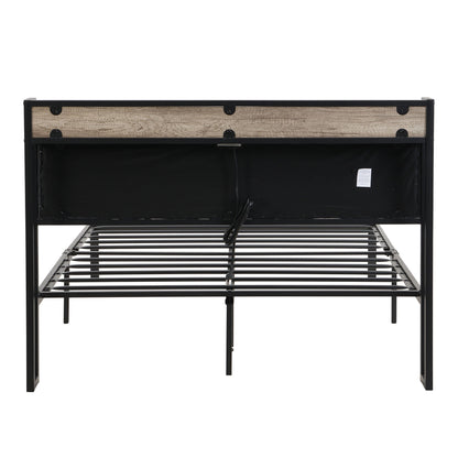 Storage bed frame black metal with wood-grain headboard panel and slatted base on Tampa Home & Garden Store
