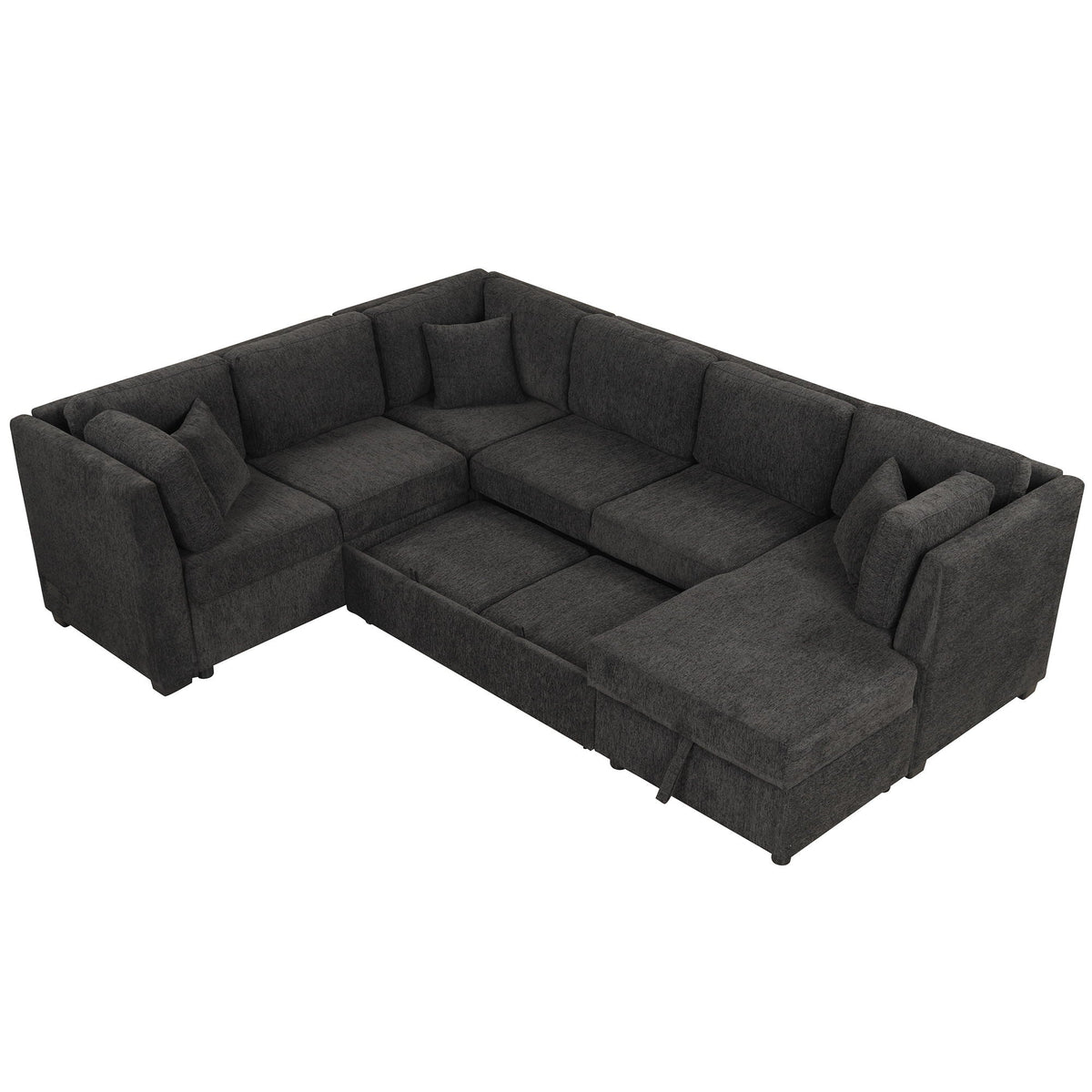 U-shaped sleeper sectional sofa with chaise in dark charcoal fabric, 3 back pillows on Tampa Home & Garden Store