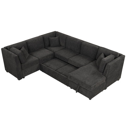 U-shaped sleeper sectional sofa with chaise in dark charcoal fabric, 3 back pillows on Tampa Home & Garden Store